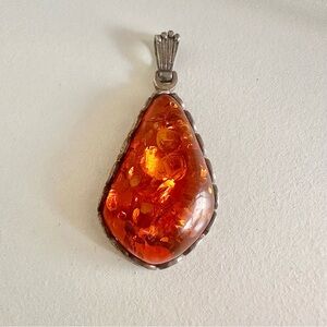1970s Vintage Pendant - Sterling Silver and Amber - Boho chic